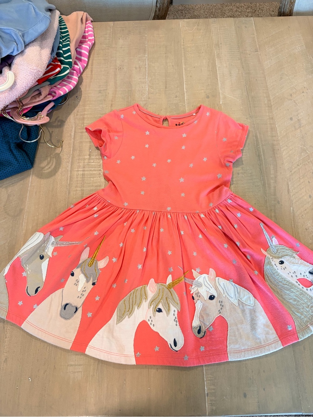 Mini Boden Coral Pink Unicorn Appliqué Dress
